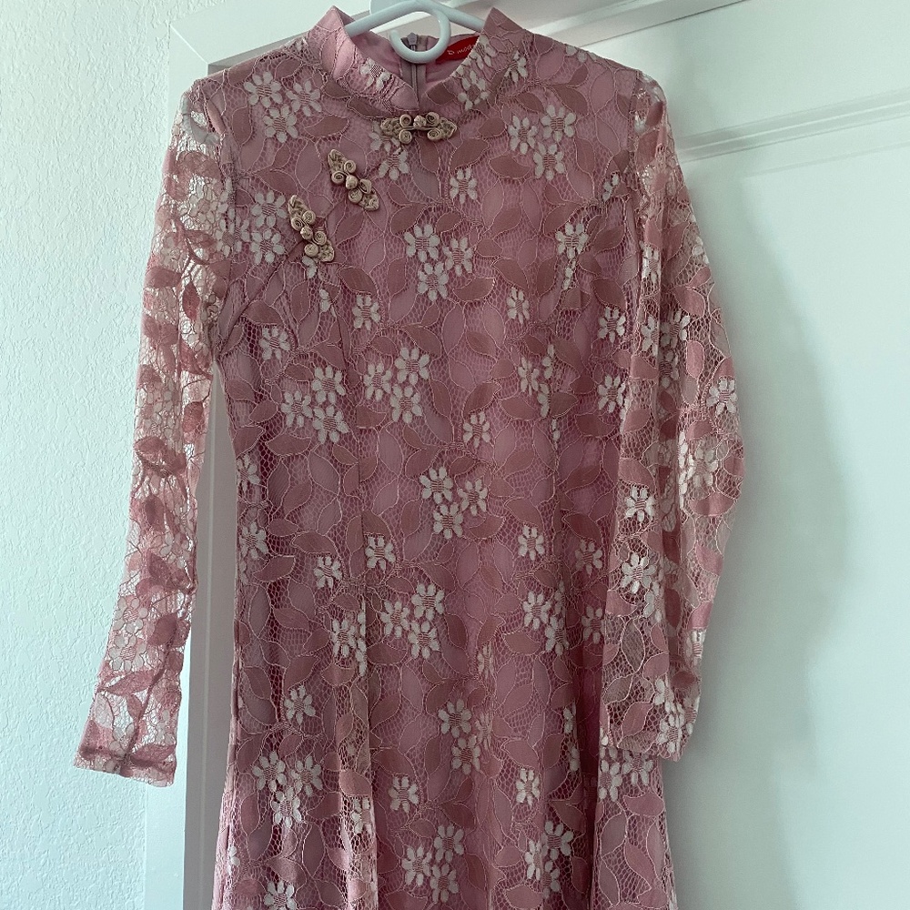 Gorgeous Asian Pink Floral Lace Dress, Mid Length